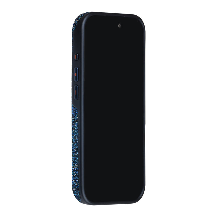 Blauw TUNIQ telefoonhoesje, van voren op een telefoon