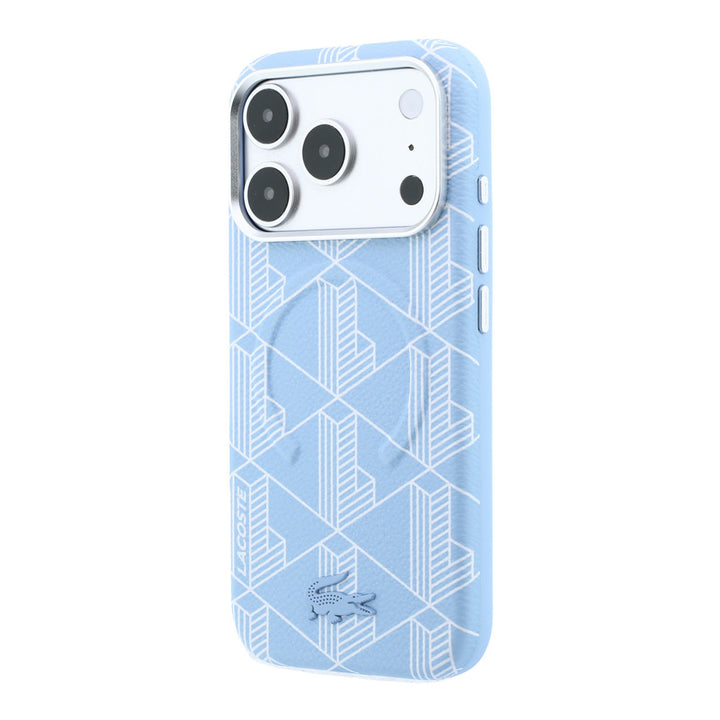 Lichtblauw Lacoste telefoonhoesje met geometrisch patroon, schuin van achteren