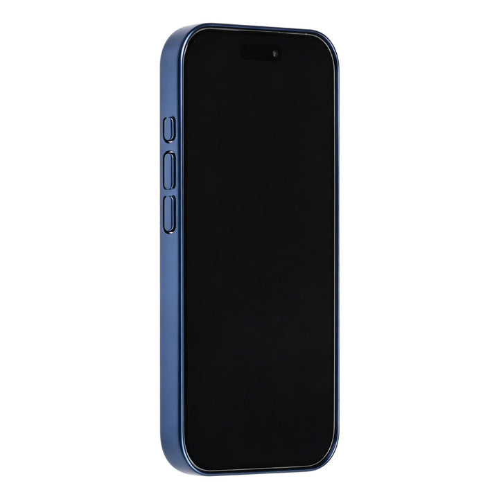 Blauw TUNIQ telefoonhoesje, van voren op een telefoon