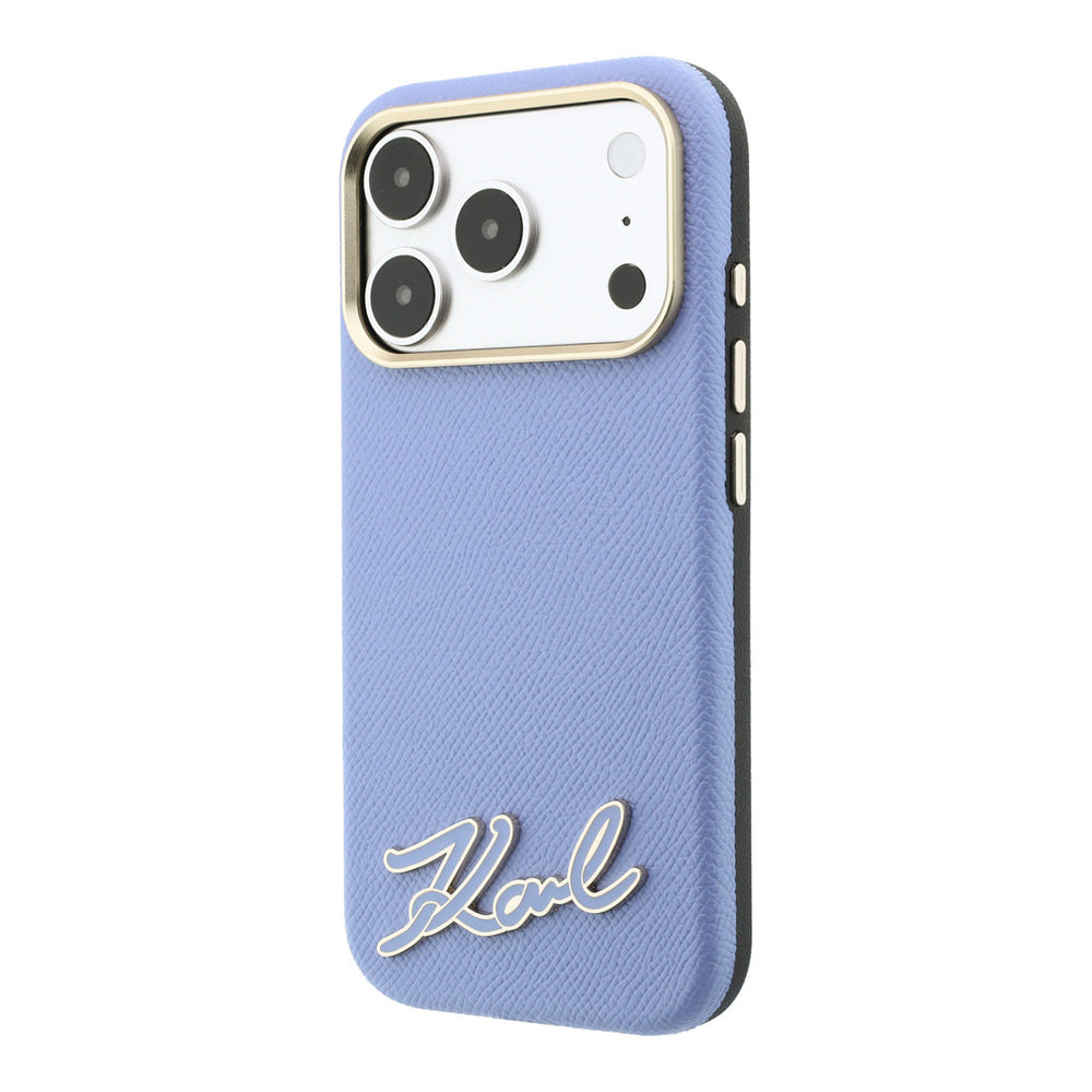 Lichtblauw Karl Lagerfeld telefoonhoesje met schriftlogo, schuin van achteren