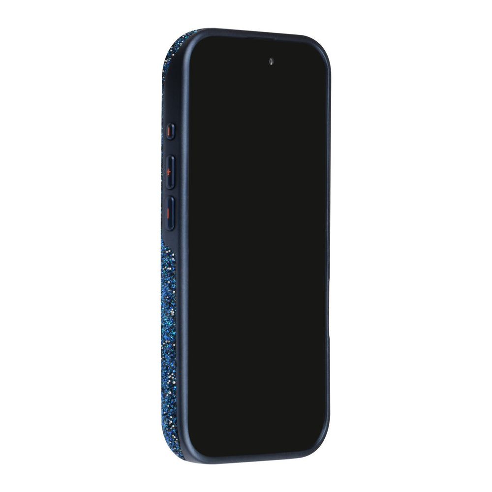 Blauw TUNIQ telefoonhoesje, van voren op een telefoon