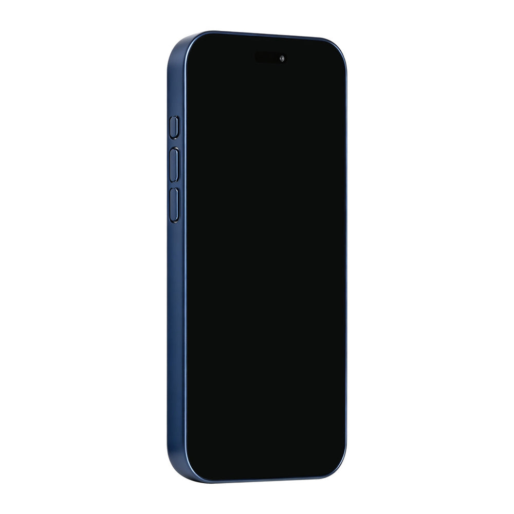 Blauw TUNIQ telefoonhoesje, van voren op een telefoon