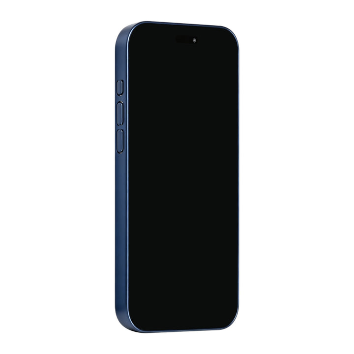 Blauw TUNIQ telefoonhoesje, van voren op een telefoon
