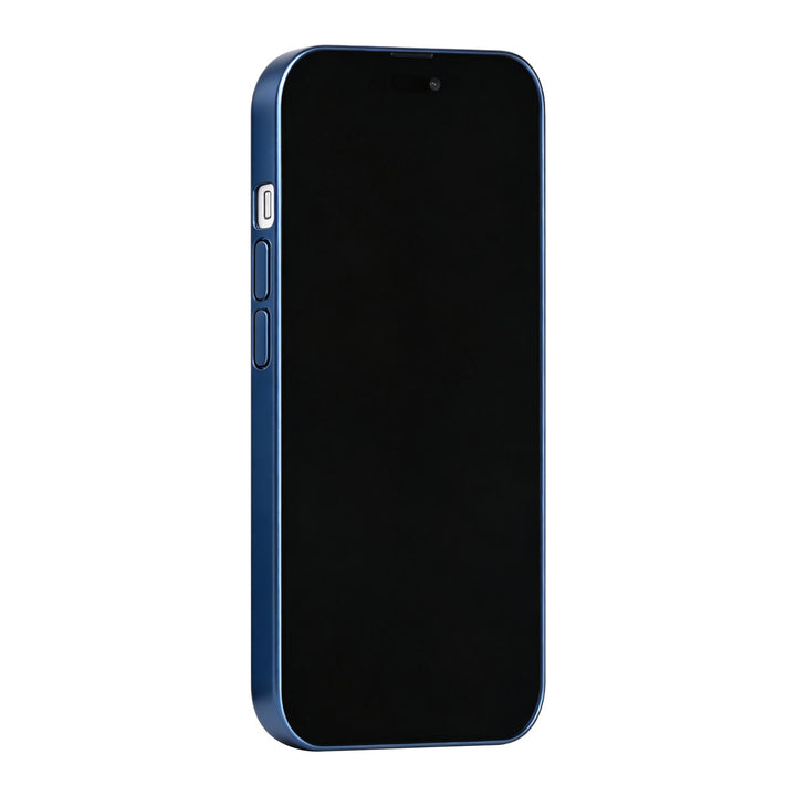 Blauw TUNIQ telefoonhoesje, van voren op een telefoon