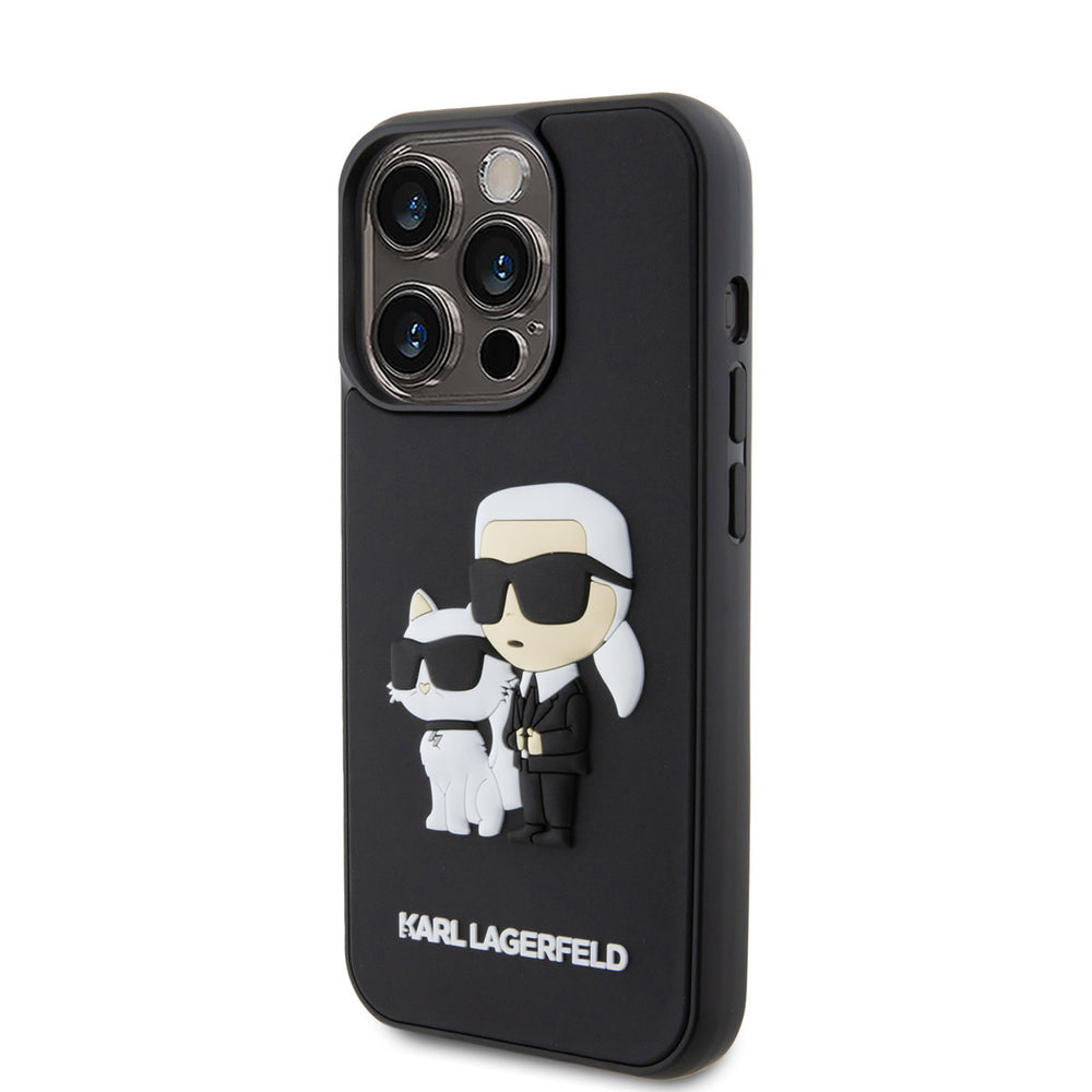 Zwart Karl Lagerfeld telefoonhoesje met figuren van Karl en Choupette, schuin van achteren