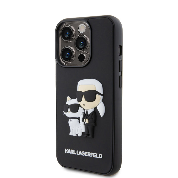 Zwart Karl Lagerfeld telefoonhoesje met figuren van Karl en Choupette, schuin van achteren