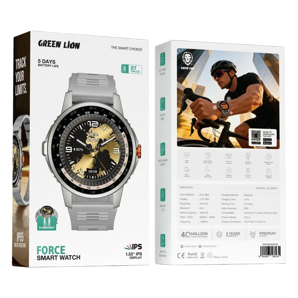 Voor- en achterkant van verpakking van zilverkleurige Green Lion Force smartwatch