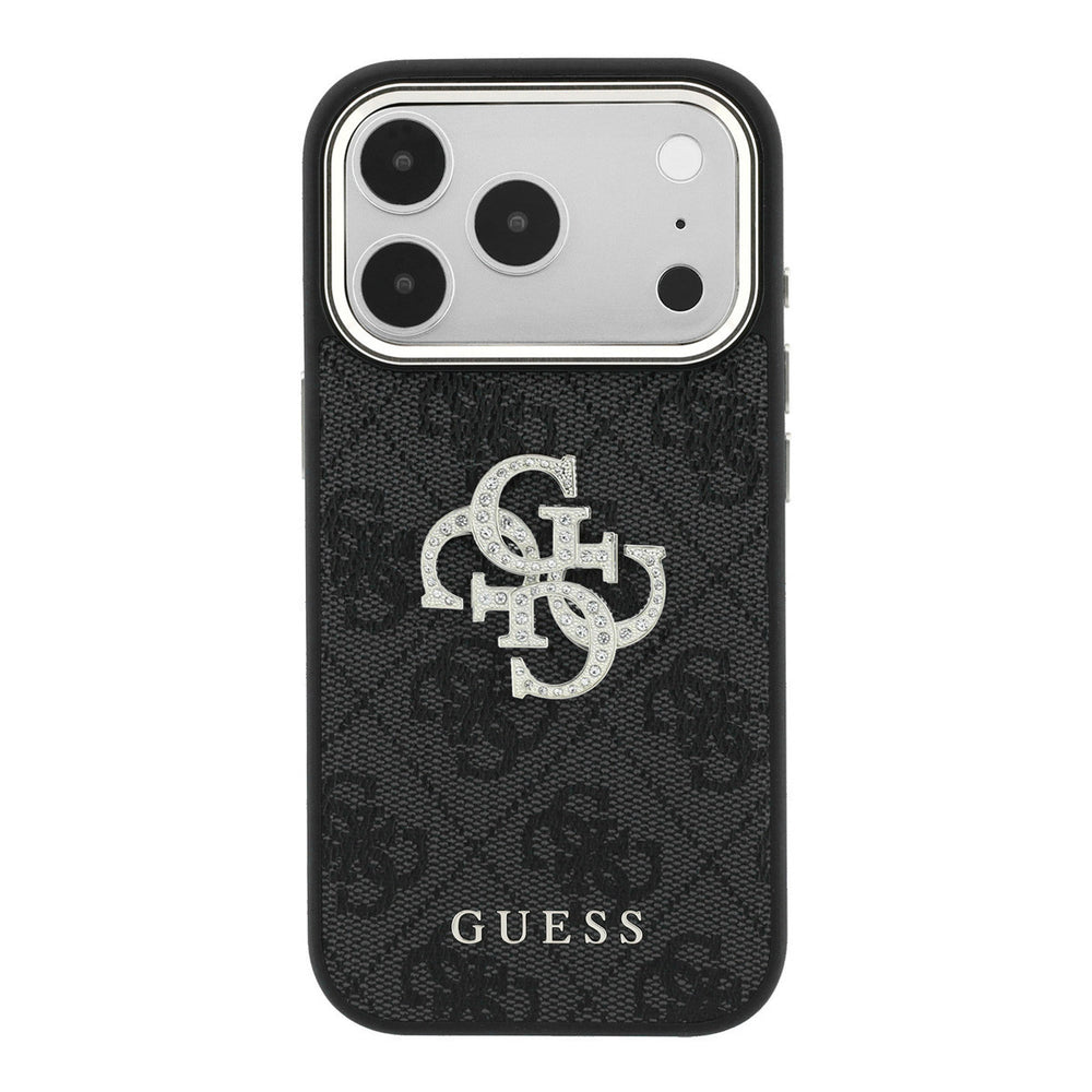 Zwart Guess telefoonhoesje met 4G-patroon en groot strasslogo, van achteren