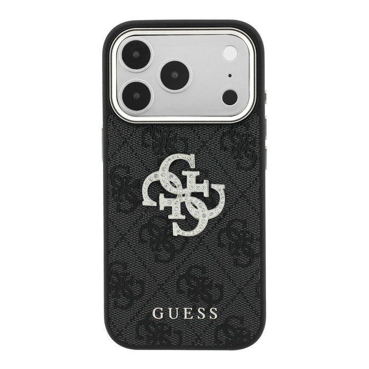 Zwart Guess telefoonhoesje met 4G-patroon en groot strasslogo, van achteren