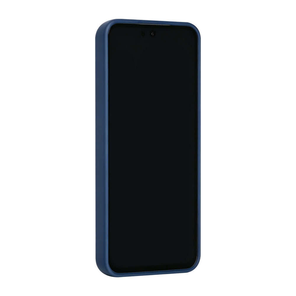 Donkerblauw TUNIQ telefoonhoesje, van voren op een telefoon