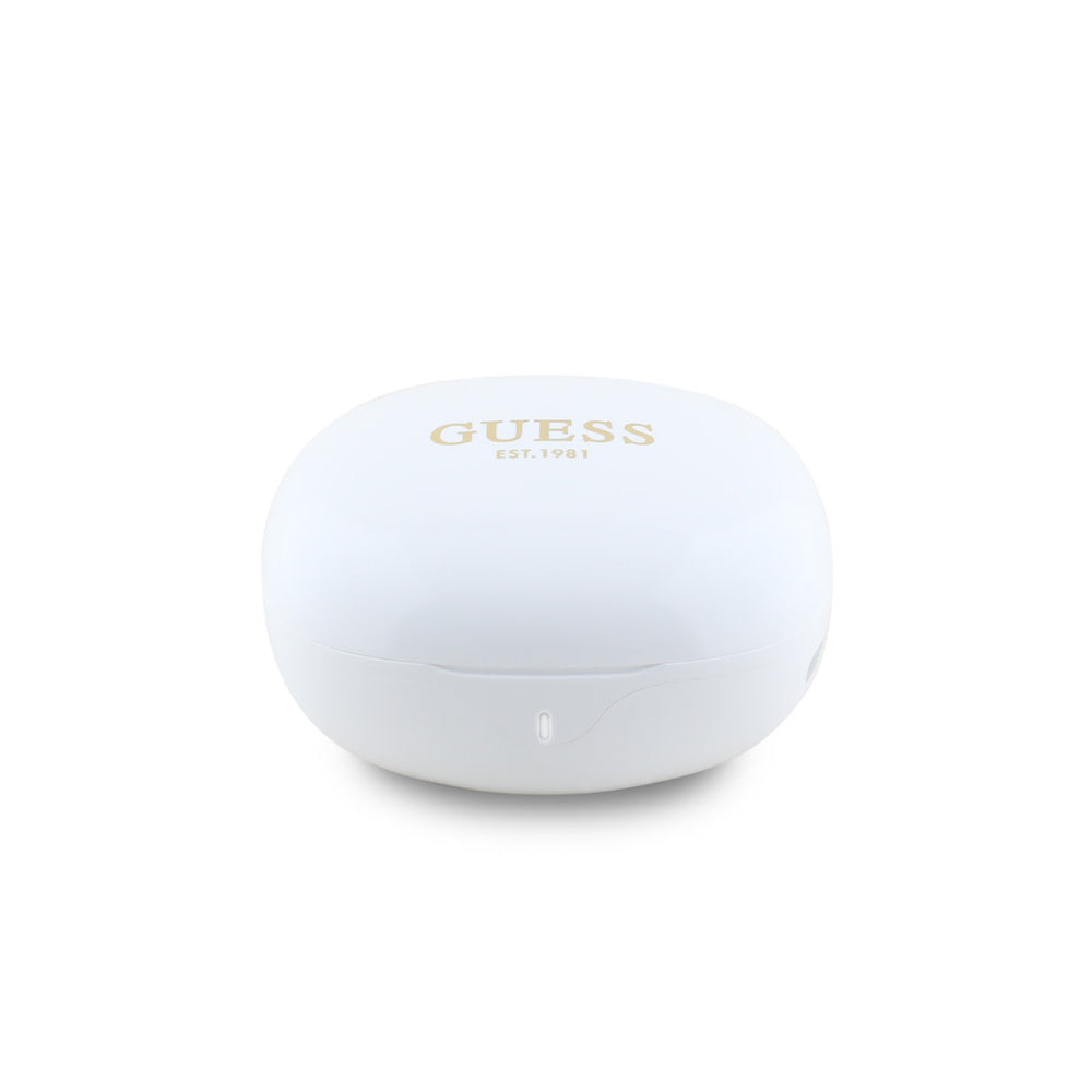 Witte Guess oplaadcase met goudkleurig logo, van voren