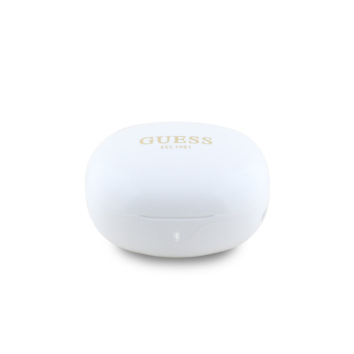 Witte Guess oplaadcase met goudkleurig logo, van voren