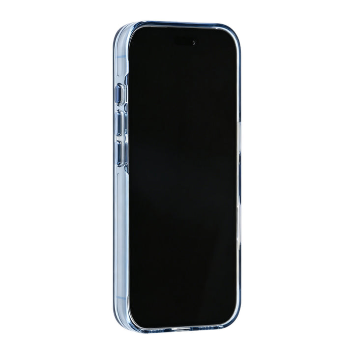 Blauw TUNIQ telefoonhoesje, van voren op een telefoon