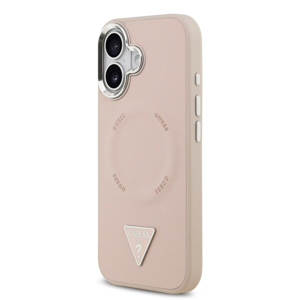 Roze Guess telefoonhoesje met ringmarkering en driehoekslogo, schuin van achteren