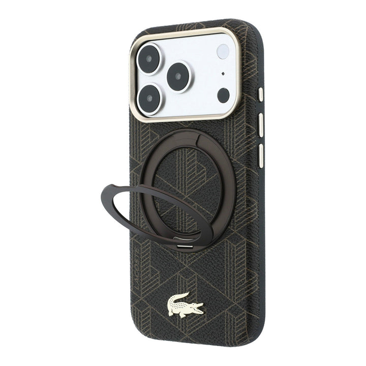 Zwart Lacoste telefoonhoesje met geometrisch patroon met uitgeklapte ringstandaard