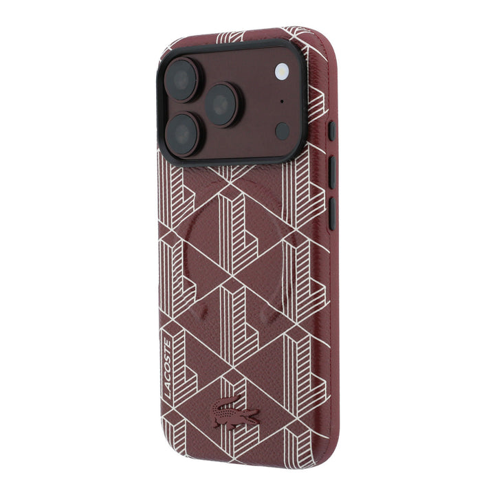 Bordeauxrood Lacoste telefoonhoesje met geometrisch patroon, schuin van achteren