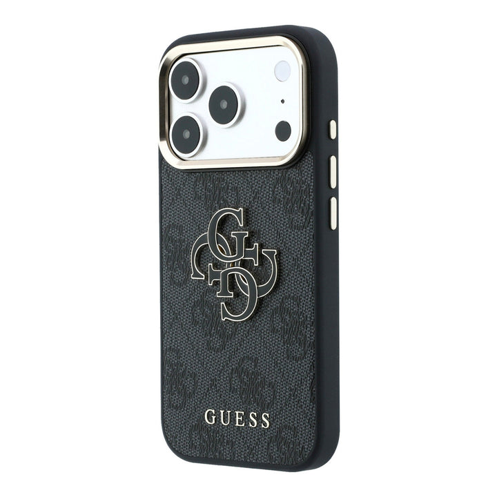 Zwart Guess telefoonhoesje met 4G-patroon en groot 4G-logo, schuin van achteren