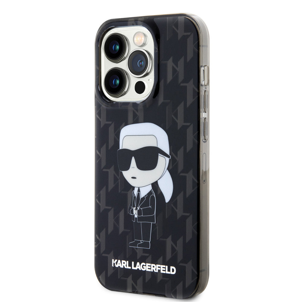 Zwart Karl Lagerfeld telefoonhoesje met monogram en Karl-figuur, schuin van achteren