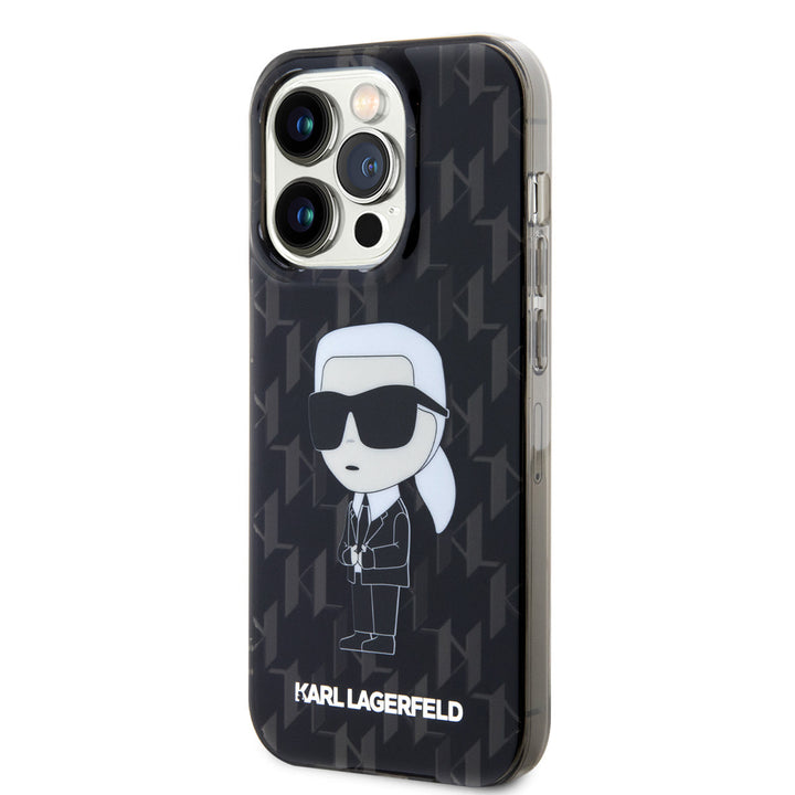 Zwart Karl Lagerfeld telefoonhoesje met monogram en Karl-figuur, schuin van achteren