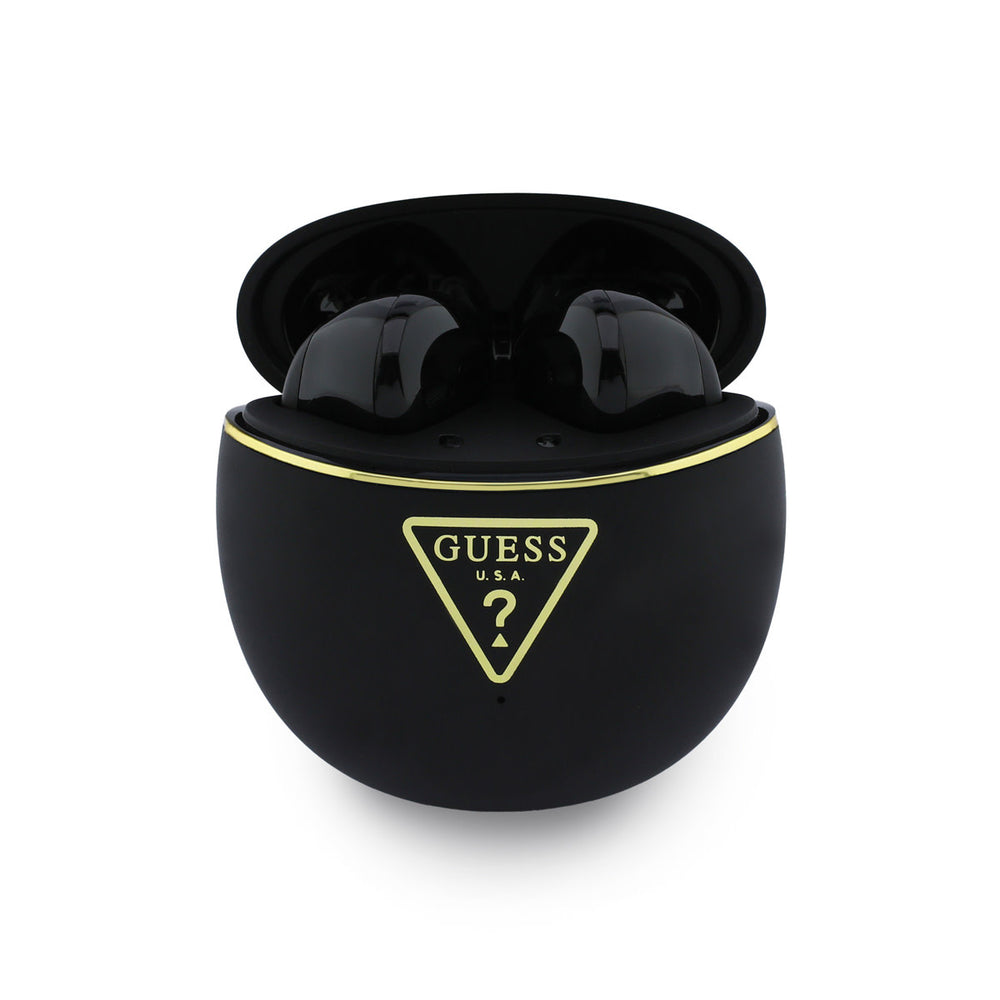 Geopende zwarte Guess oplaadcase met oordopjes