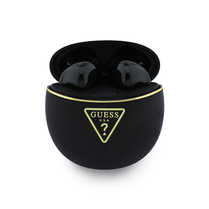 Geopende zwarte Guess oplaadcase met oordopjes