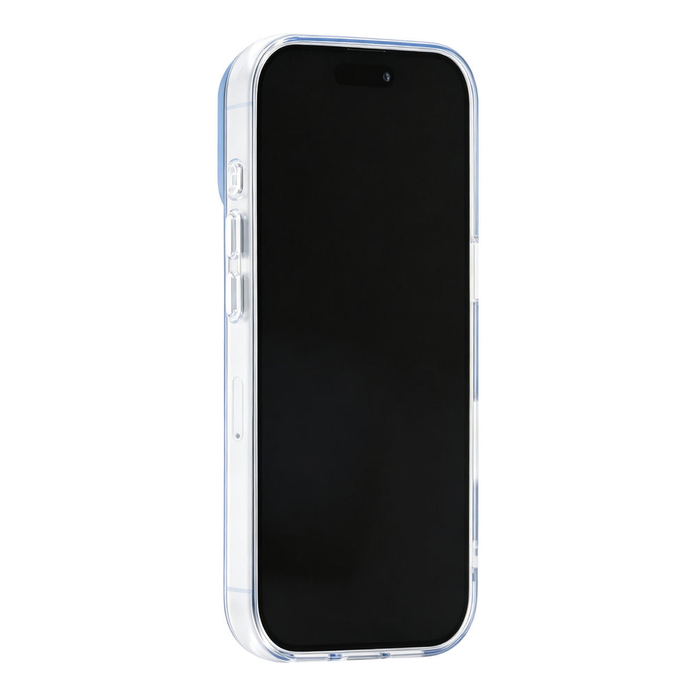 Blauw TUNIQ telefoonhoesje, van voren op een telefoon