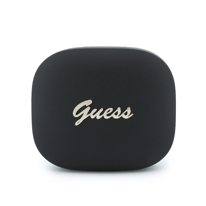 Bovenkant van zwarte Guess oplaadcase met goudkleurig schriftlogo