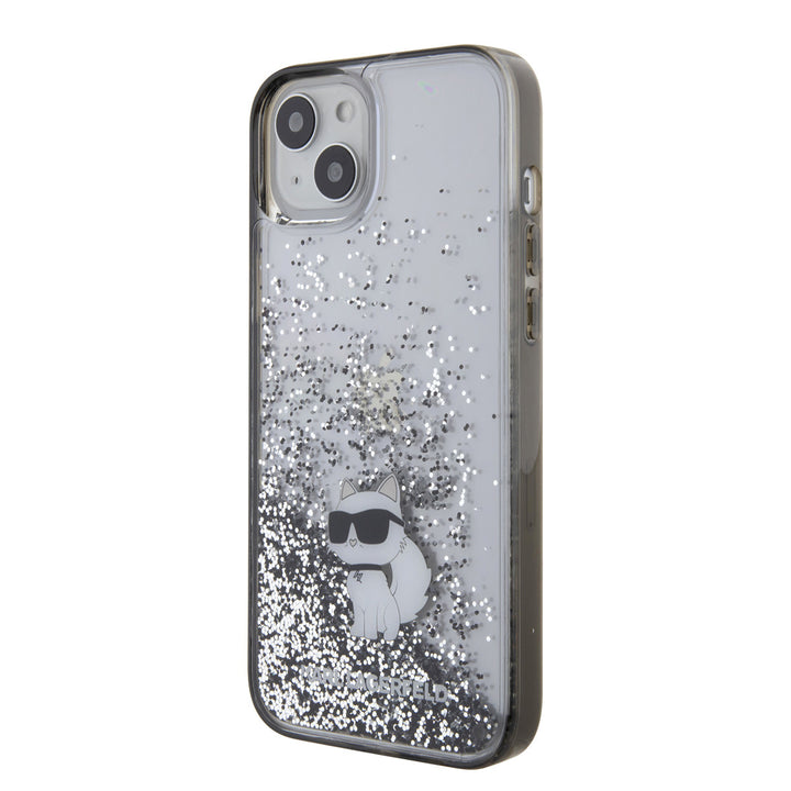 Transparant Karl Lagerfeld telefoonhoesje met zilverkleurige glitters en Choupette-kat, schuin van achteren