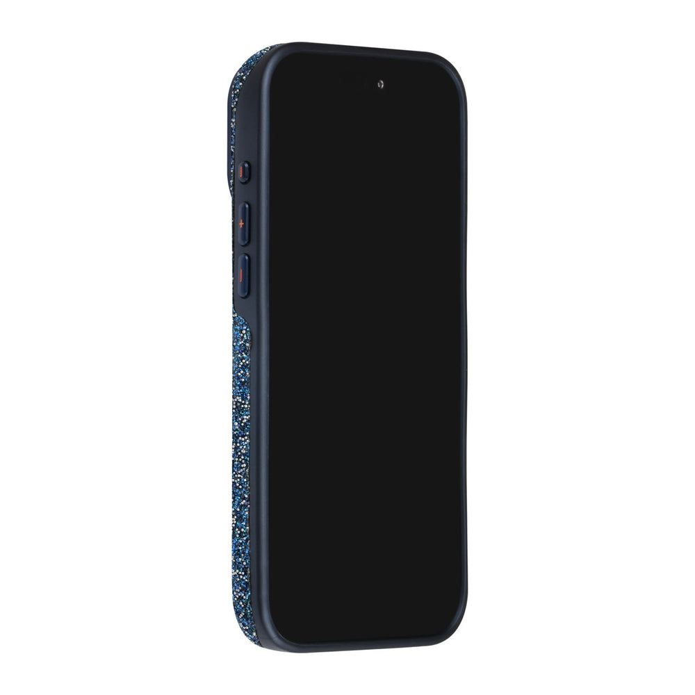 Blauw TUNIQ telefoonhoesje, van voren op een telefoon