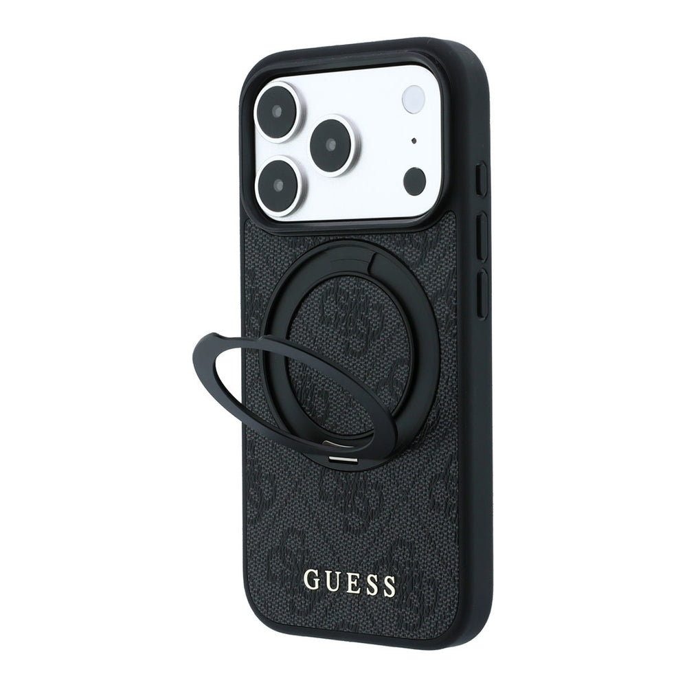 Zwart Guess telefoonhoesje met 4G-patroon met uitgeklapte ringstandaard