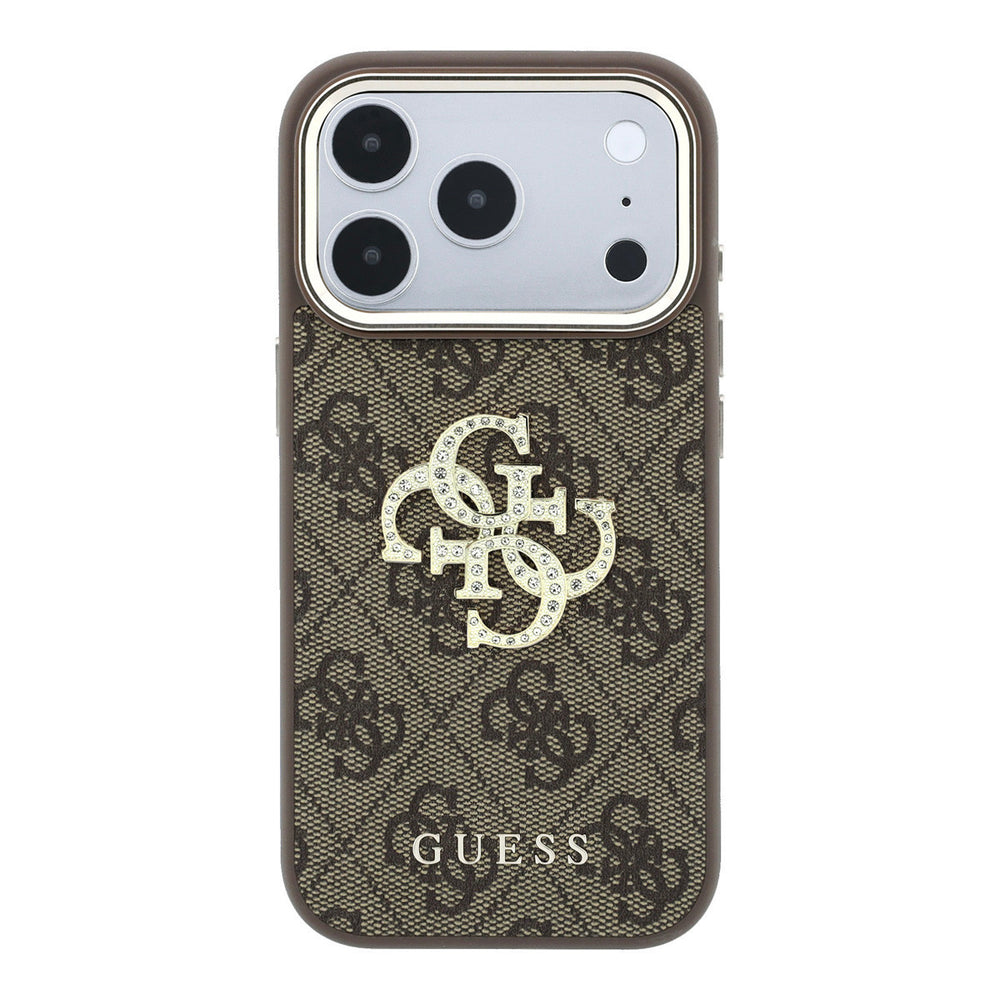 Bruin Guess telefoonhoesje met 4G-patroon en groot strasslogo, van achteren