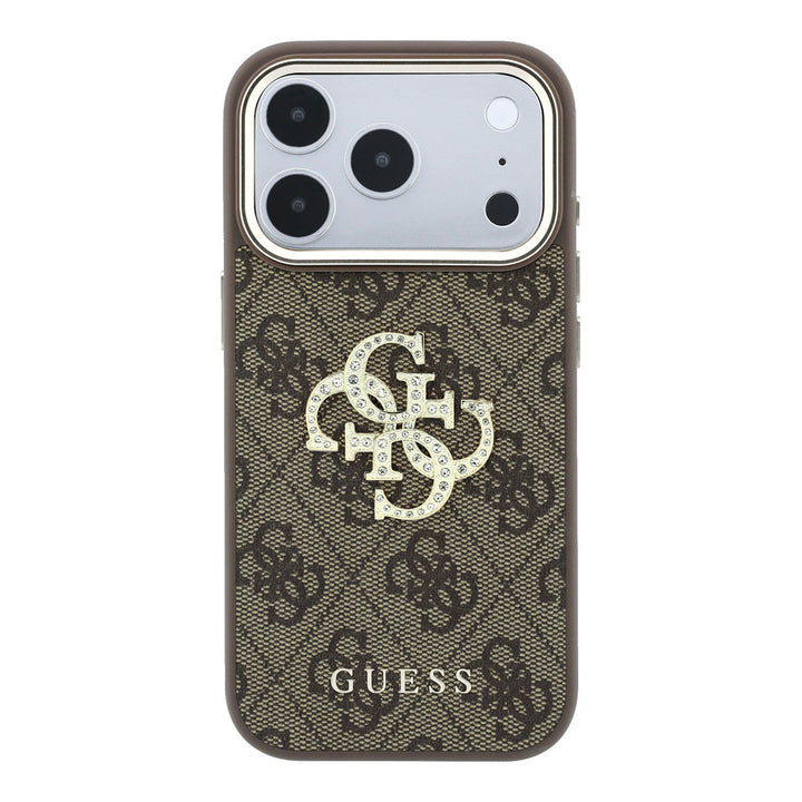 Bruin Guess telefoonhoesje met 4G-patroon en groot strasslogo, van achteren