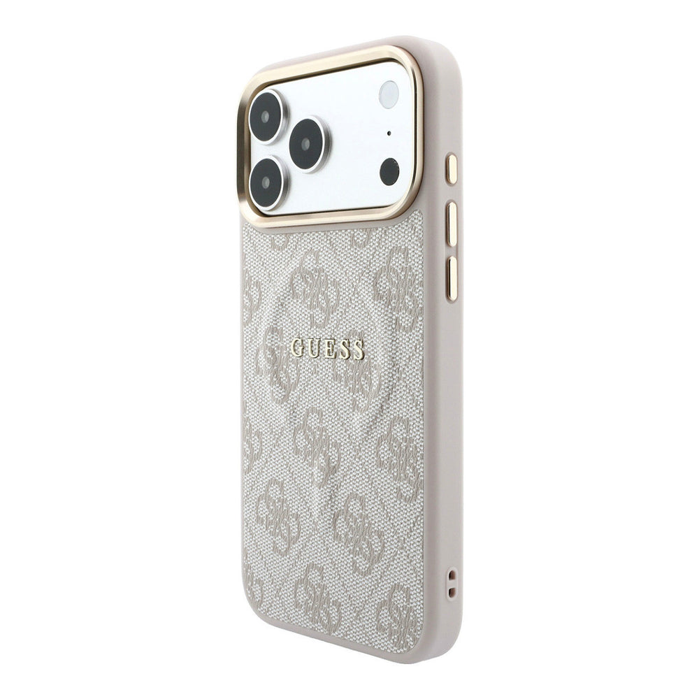 Lichtgekleurd Guess telefoonhoesje met 4G-patroon en klassiek logo, schuin van achteren