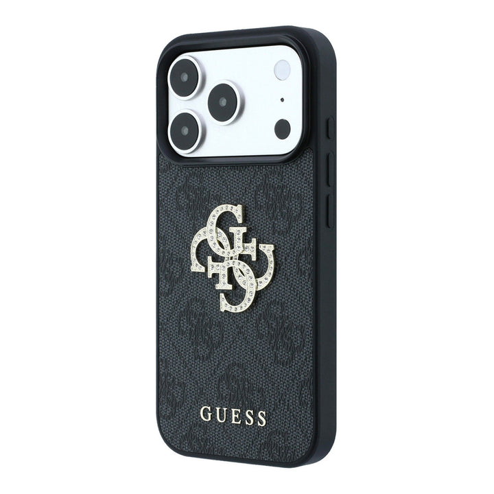 Zwart Guess telefoonhoesje met 4G-patroon en groot strasslogo, schuin van achteren