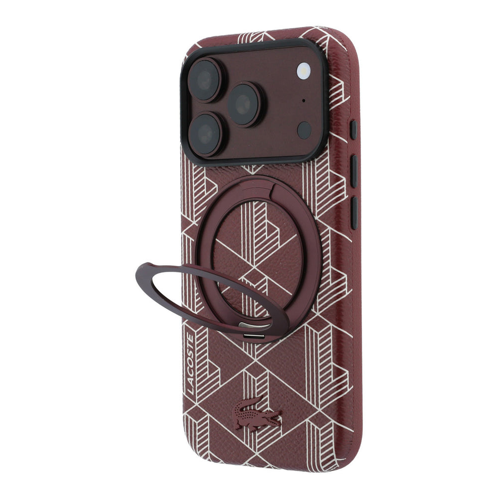 Bordeauxrood Lacoste telefoonhoesje met geometrisch patroon met uitgeklapte ringstandaard