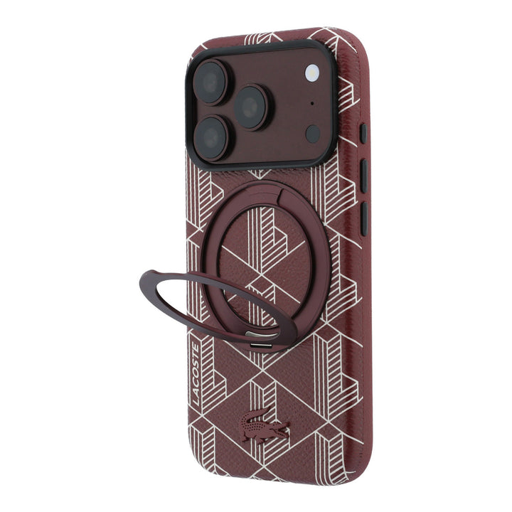 Bordeauxrood Lacoste telefoonhoesje met geometrisch patroon met uitgeklapte ringstandaard