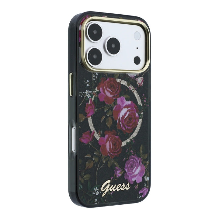 Zwart Guess telefoonhoesje met rozenprint, glitters, ring en schriftlogo, schuin van achteren