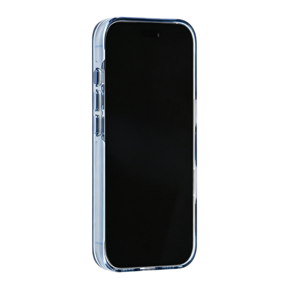 Blauw TUNIQ telefoonhoesje, van voren op een telefoon