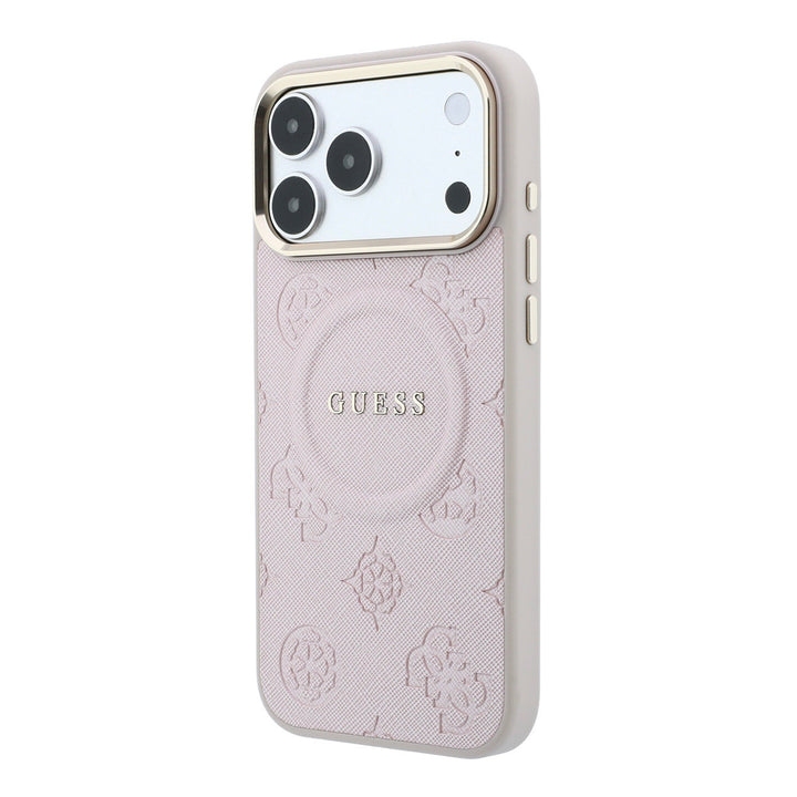 Roze Guess telefoonhoesje met bloemenpatroon en rond logo, schuin van achteren