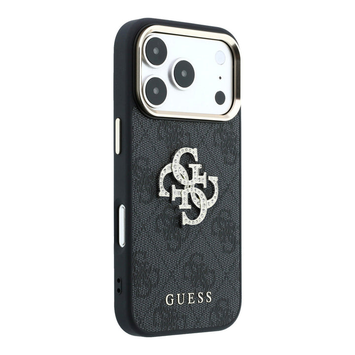 Zwart Guess telefoonhoesje met 4G-patroon en groot strasslogo, schuin van achteren