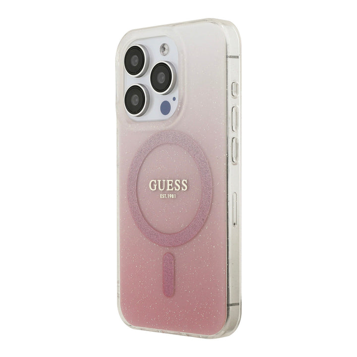 Guess telefoonhoesje met roze kleurverloop, glitters en ring, schuin van achteren