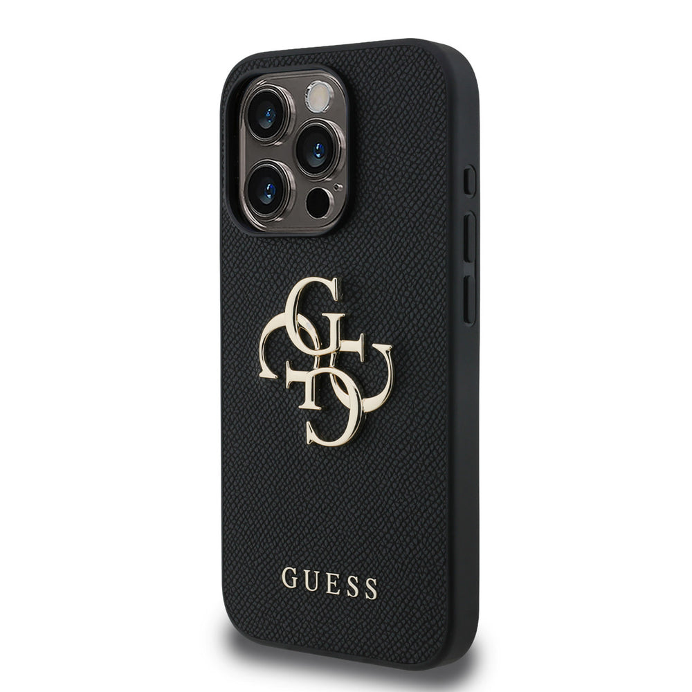 Zwart Guess telefoonhoesje met groot goudkleurig 4G-logo, schuin van achteren