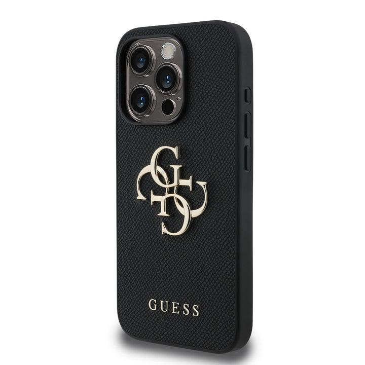 Zwart Guess telefoonhoesje met groot goudkleurig 4G-logo, schuin van achteren