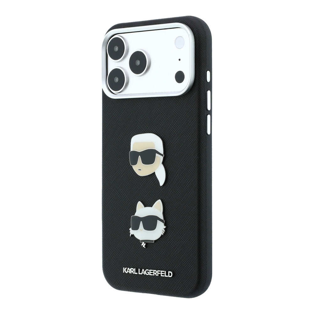 Zwart Karl Lagerfeld telefoonhoesje met hoofden van Karl en Choupette, schuin van achteren