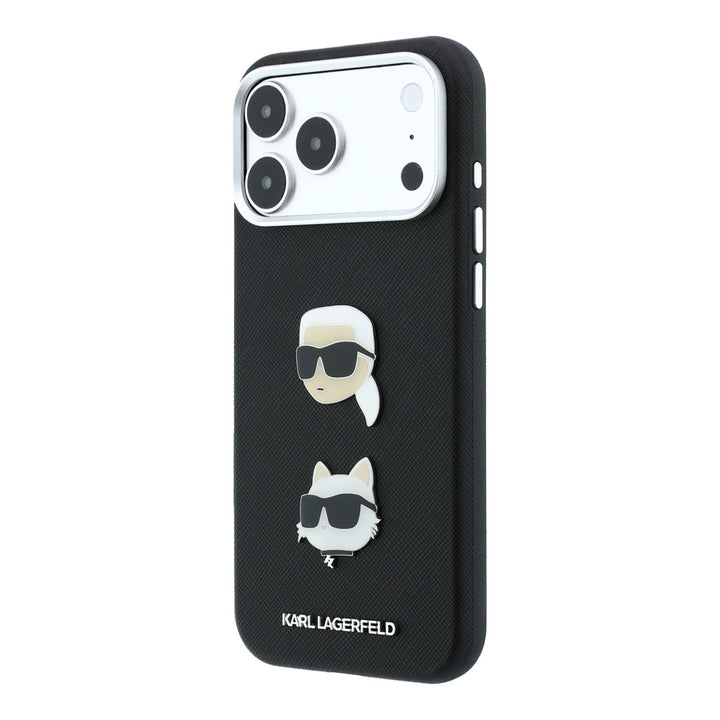 Zwart Karl Lagerfeld telefoonhoesje met hoofden van Karl en Choupette, schuin van achteren