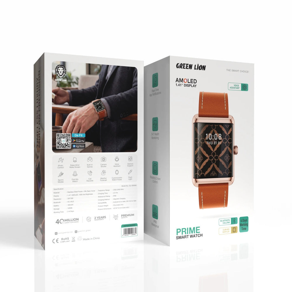 Voor- en achterkant van verpakking van Green Lion Prime smartwatch met bruine band
