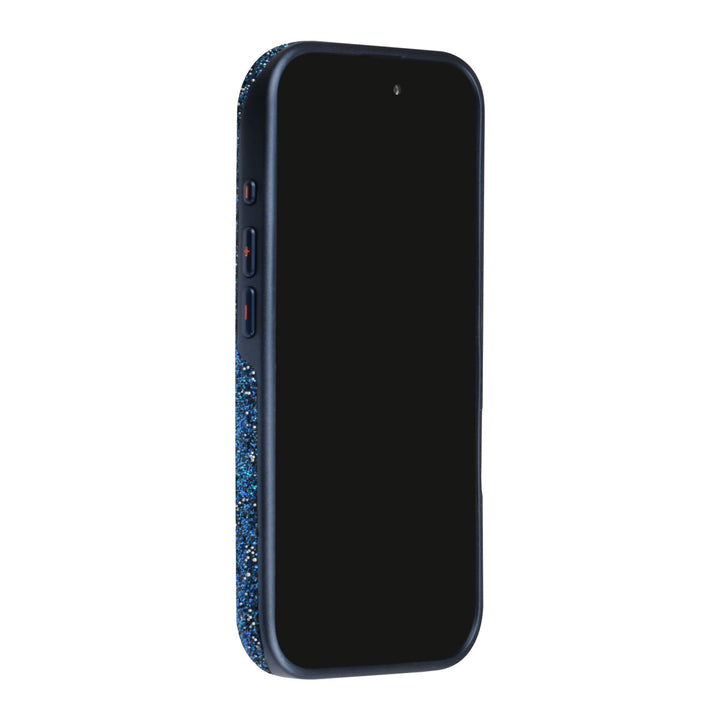 Blauw TUNIQ telefoonhoesje, van voren op een telefoon