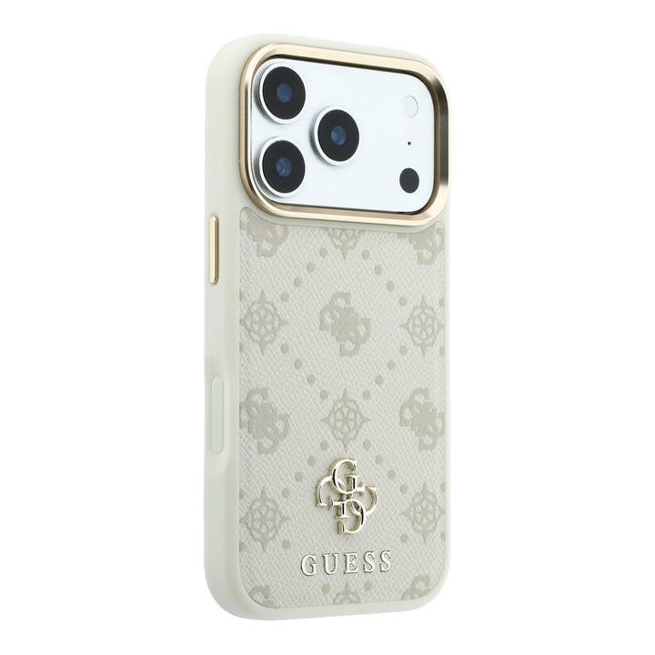 Lichtgekleurd Guess telefoonhoesje met 4G-patroon en klein logo, schuin van achteren