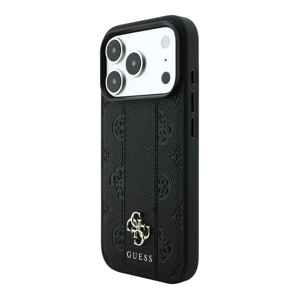 Zwart Guess telefoonhoesje met bloemenpatroon, verticale banen en 4G-logo, schuin van achteren
