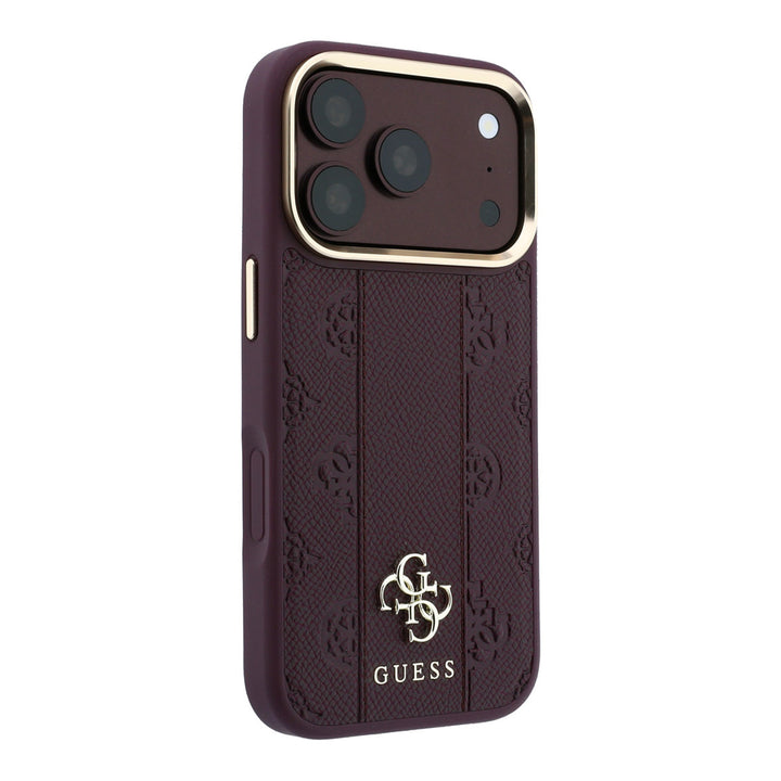 Bordeauxkleurig Guess telefoonhoesje met verticale patroonbanen en klein 4G-logo, schuin van achteren
